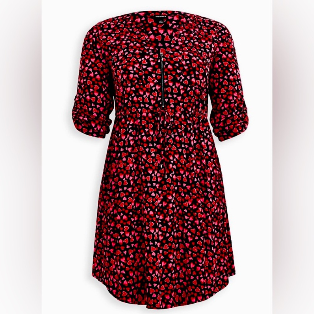 NWT Torrid Mini Hearts Challis Zip Front Shirt Dress; Black & Red; Size 00 (10)